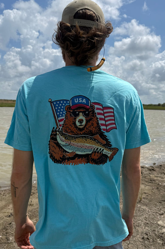 HuntX Patriotic Fishing Bear Comfort Color Short Sleeve Tee